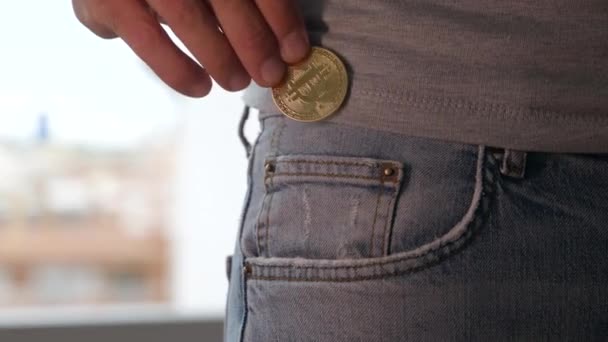 Man Standing Putting Bitcoin His Trouser Pocket Static Close — Stock Video