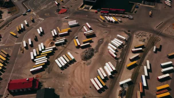 Aerial View Overlooking Cargo Wagons Ferries Shipping Terminal Sunny Finland — Stock Video