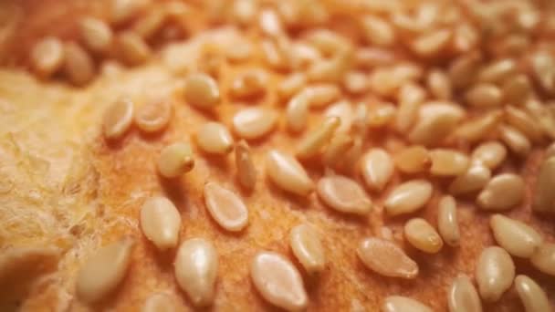 Золотая Корочка Поджаренного Хлеба Покрытая Вкуснейшими Семенами Кунжута Запеченные Духовке — стоковое видео