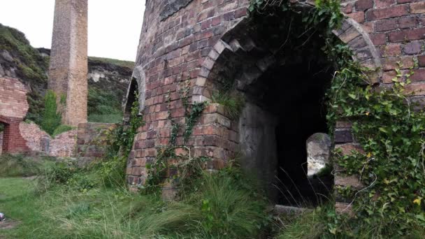 Panoramique Travers Herbe Porth Wen Abandonné Ruines Four Maçonnerie Site — Video