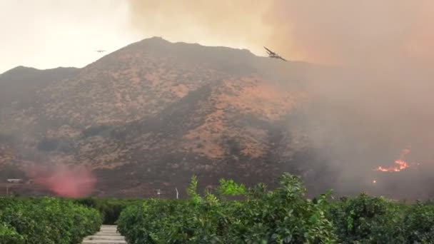 消防员的飞机在灰蒙蒙的烟雾中飞行 从野火中冒出来 Fairview Fire Hemet California Usa September 2022 — 图库视频影像