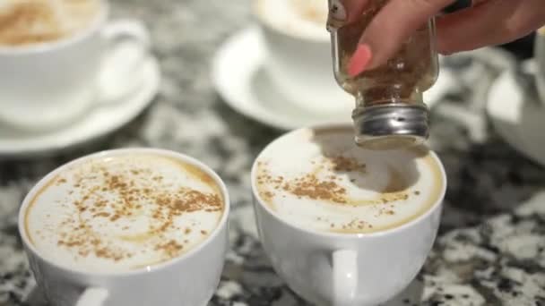 Kafé Espressomaskin Kaffekoppar Med Kanel — Stockvideo