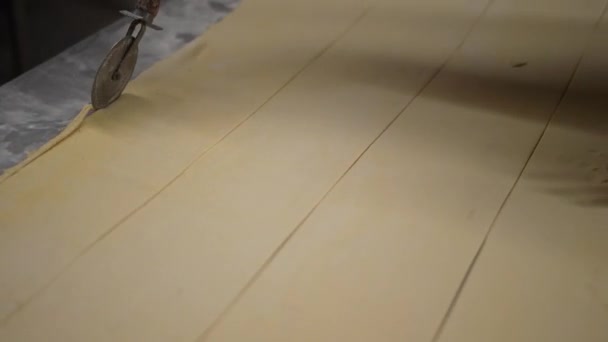 Artisan Bakery Baker Making Bread Pastry Dough Kneading Wheel Cutter — Stock Video