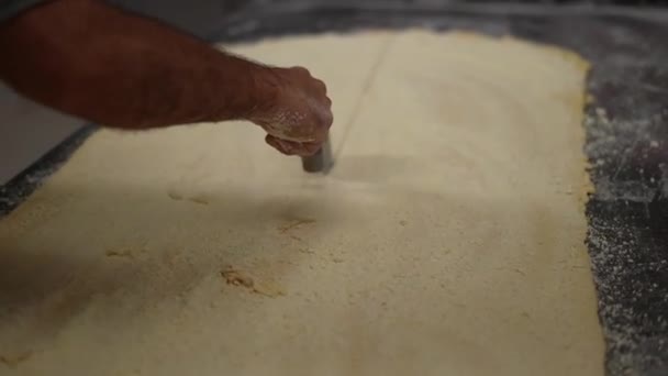 Panadería Artesanal Panadería Haciendo Pan Pastelería Amasando Masa Cortando — Vídeos de Stock