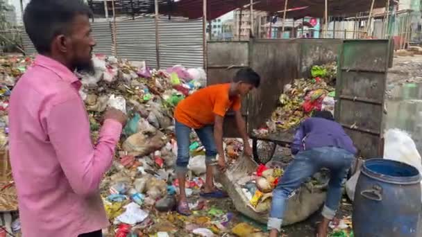 Grupo Trabalhadores Jogando Plástico Enorme Lixeira Poluição Dia — Vídeo de Stock