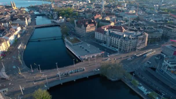 Opvallend Uitzicht Vanuit Lucht Stad Zürich Het Gouden Uur Dalend — Stockvideo