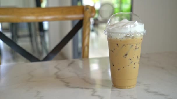 Iced Cappuccino Coffee Glass Table Coffee Shop Cafe — Stockvideo
