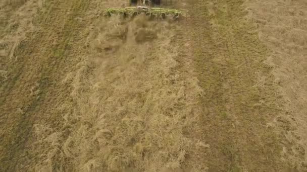 Revealed Farm Tractor Tedding Mowed Hay Rakes Field Tilt Shot — Vídeo de stock