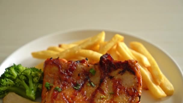 Grilled Chicken Steak Potato Chips French Fries White Plate — Stockvideo