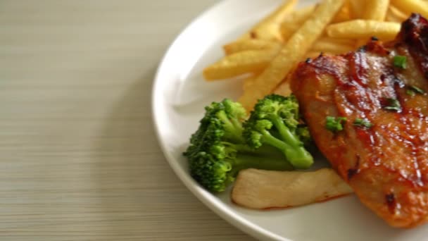 Grilled Chicken Steak Potato Chips French Fries White Plate — Wideo stockowe
