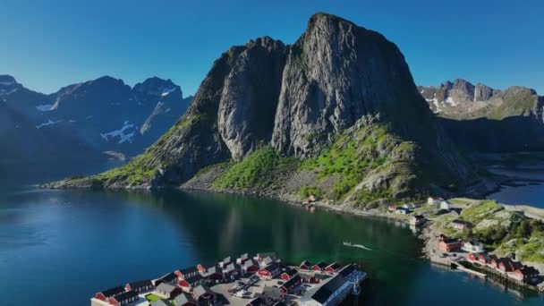 Aerial View Boat Leaving Hamnoy Village Summer Evening Lofoten Norway — Stock Video