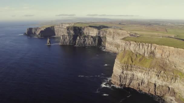 Aérea Cinematográfica Acantilados Moher Irlanda Durante Hora Dorada Día Soleado — Vídeo de stock