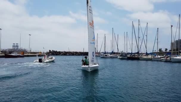 Small Lateen Sailboat Arrives Port Sailors Man Sails — Vídeos de Stock
