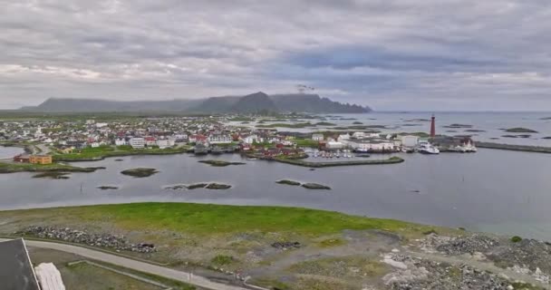 Andenes Νορβηγία Εικόνα Τέλειο Τοπίο Θέα Drone Flyover Μικρό Ψαροχώρι — Αρχείο Βίντεο