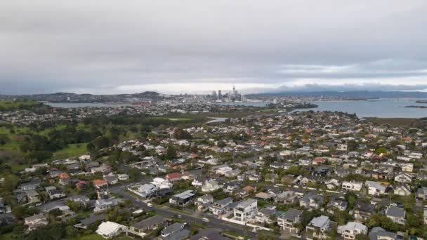 Aucklandské Panorama Města Bylo Vidět Severních Předměstí Statické Širokoúhlé Letecké — Stock video