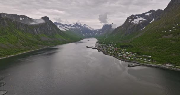 Gryllefjord Norway Aerial Flyover Inlet Capturing Small Fishing Village Aquaculture — Stock Video