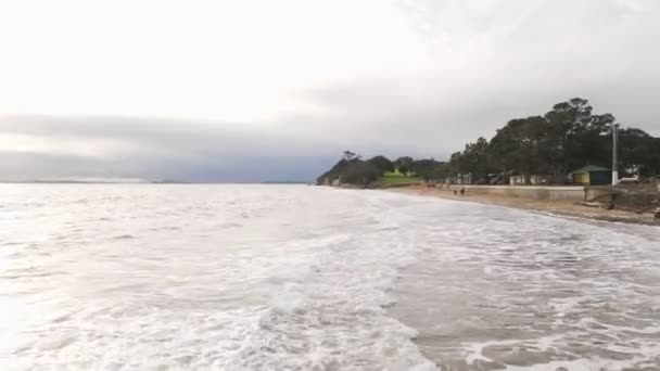 Низкий Полет Над Волнами Узком Пляже — стоковое видео