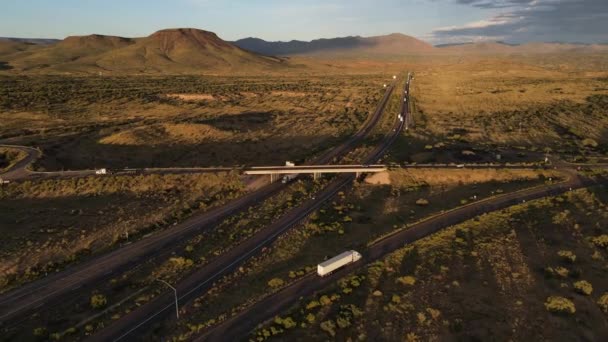 Aerial View Light Traffic Interstate Highway Overpass Kingman Arizona Sunset — Stock Video