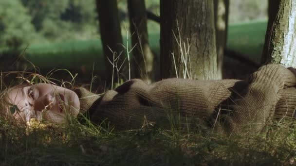 一个女人躺在草地上 美丽的阳光灿烂的森林场景 女人看着相机 慢动作 特写镜头 — 图库视频影像