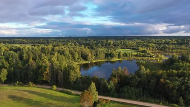 Vasto Idílico Lago Strante Letão Vegetação Arborícola Vista Aérea Sobrevoando — Vídeo de Stock