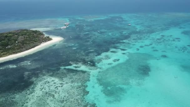 Antena Drona Tropikalnej Leśnej Wyspy Patelni Błękitnej Wody Raf — Wideo stockowe