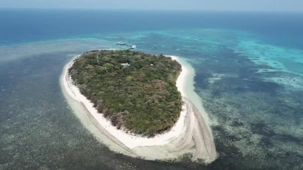 Patelnia Powietrzna Drona Wokół Małej Tropikalnej Wyspy Drzewami Błękitną Czystą — Wideo stockowe