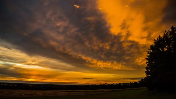 Zeitraffer Des Sonnenuntergangs Mit Bunten Wolken Über Feld Und Bäumen — Stockvideo