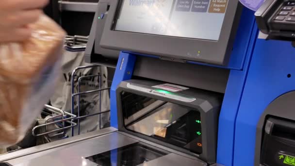 Close Woman Scanning Foods Self Check Out Counter Walmart Store — Stock Video