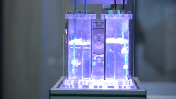 電気分解器内の水とチューブ内の水素ガスの泡 青の光 — ストック動画