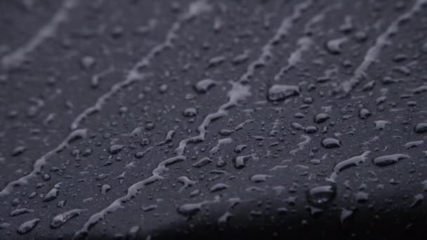 黑色防水纺织品上的大雨 宏观近景 — 图库视频影像