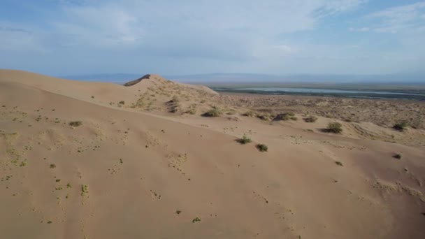 Aerial View Desert Sahara Sandy Dune Hill Singing Dunes Altyn — Stock videók