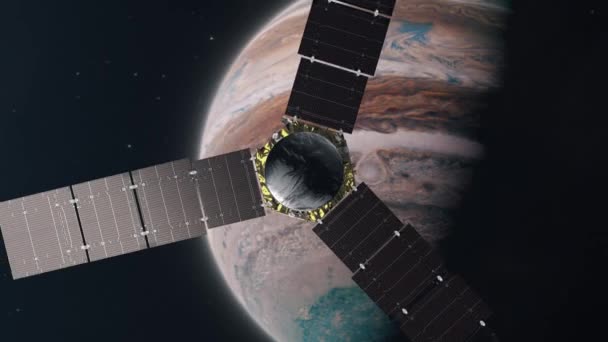Sonda Espacial Juno Volando Pasado Júpiter Dirigiéndose Hacia Luna Ganímedes — Vídeos de Stock