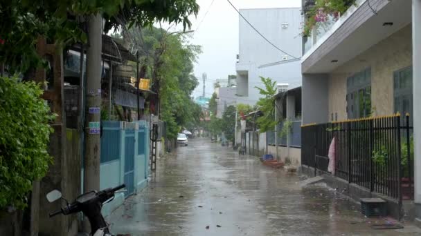 Chuva Tropical Pesada Antes Tufão Entrada Inundações Rua Bairro Residencial — Vídeo de Stock
