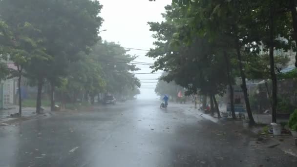 베트남 다낭에 폭풍우가 몰아치고 태풍이 몰려왔습니다 속에서 오토바이를 달리는 사람들 — 비디오