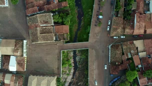 Aerial Bird Eye Top Rotating Drone Shot Bridge Small River — Stock Video