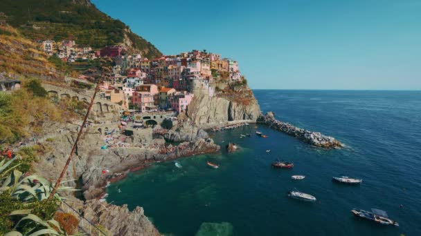 Cinque Terre Vesnicemi Monterosso Vernazza Corniglia Manarola Riomaggiore Pobřeží Středozemního — Stock video