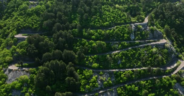 黑山科托尔的蛇纹路上空的空中录像 展示了多辆汽车在通往山顶的路上 — 图库视频影像
