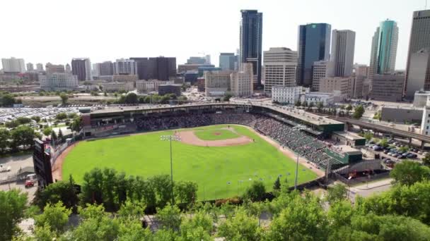 Minor League Baseball Game Ballpark City Skyline — Stock Video