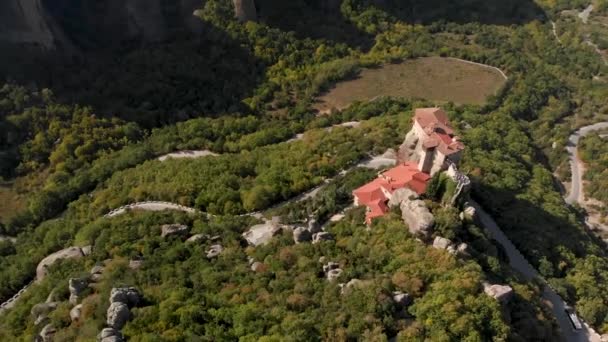 Flyg Från Ovan Panorama Bild Rousanou Kloster Meteora Grekland Drönarbilder — Stockvideo