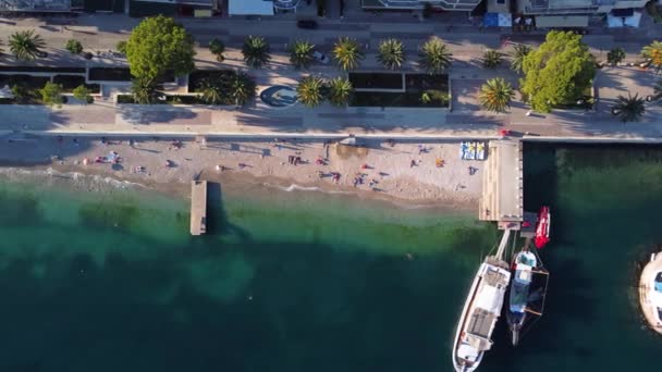 Aerial Top Slow Panning Shot Beautiful Beach Sarande Albania — Stock Video
