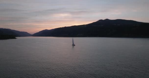 Drone Aerial Columbia River Gorge Sunset Camera Orbits Lone Sail — Stock Video