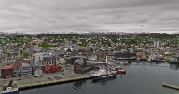 Troms Norway Aerial Low Level Flyover Downtown Area Forhpningen Residential — Stock Video
