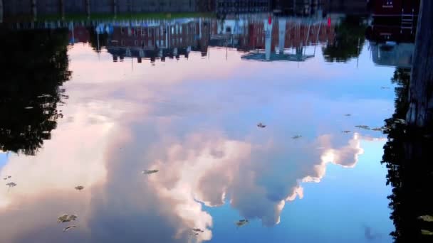Panorera Från Flod Reflektioner Upp Till Typiska Holländska Vindbrygga Hertogenbosch — Stockvideo