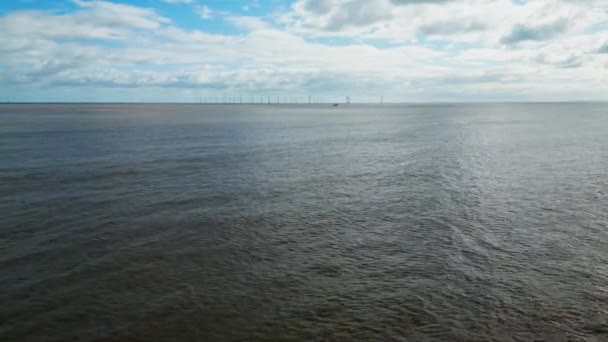 Distant Fishing Boat Trawler Wind Farm East Coast Sailing Sun — Stock Video