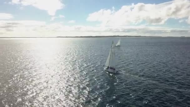 帆船上的人们像空中飞驰而过 阳光照射在平静的海洋上 — 图库视频影像