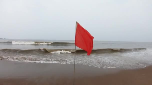 Owczarek Niemiecki Plaży Bawi Się Właścicielem Pobliżu Czerwonej Flagi Znak — Wideo stockowe