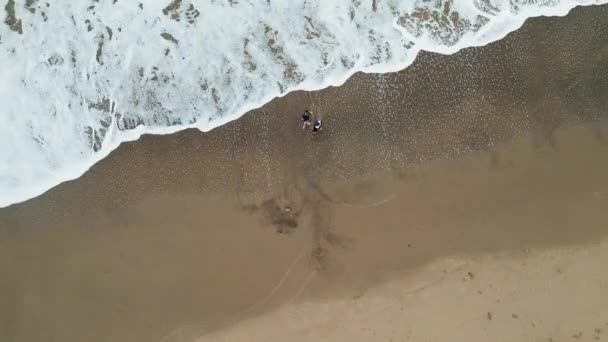 夕日の海の砂のビーチの兄弟で 2人の男の子が楽しく泳いでいて 干潮プールで太陽の反射で遊んでいます 家族の夏休みの水の活動 空中映像 — ストック動画