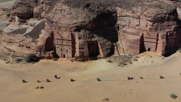 Flygfoto Turister Framför Gravar Vid Den Arkeologiska Platsen Hijr Madain — Stockvideo