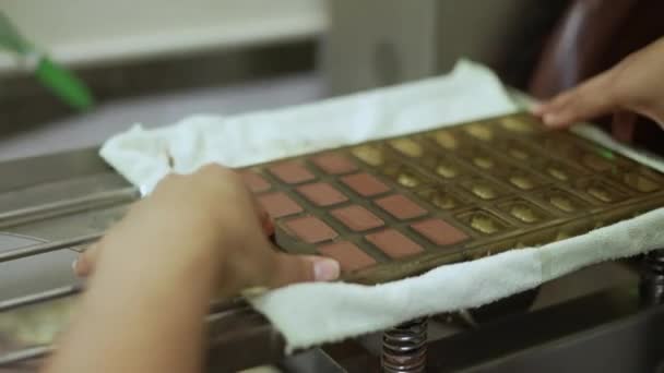 Erimiş Çikolata Yapımı Çikolata Fabrikası Kakao Şekerleme Kalıbı — Stok video