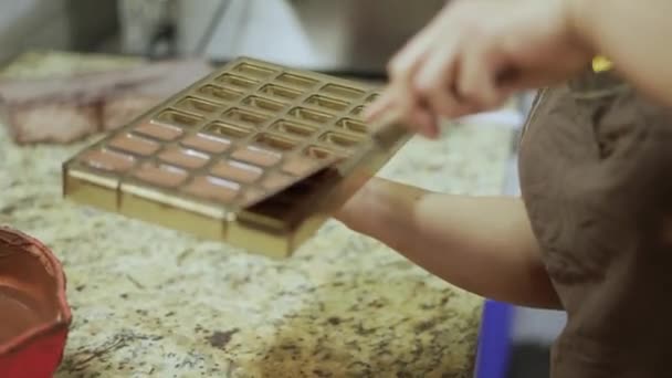 Olvasztott Csokoládé Kézzel Készített Csokoládégyár Kakaó Öntőforma Édességekhez Csokoládé — Stock videók